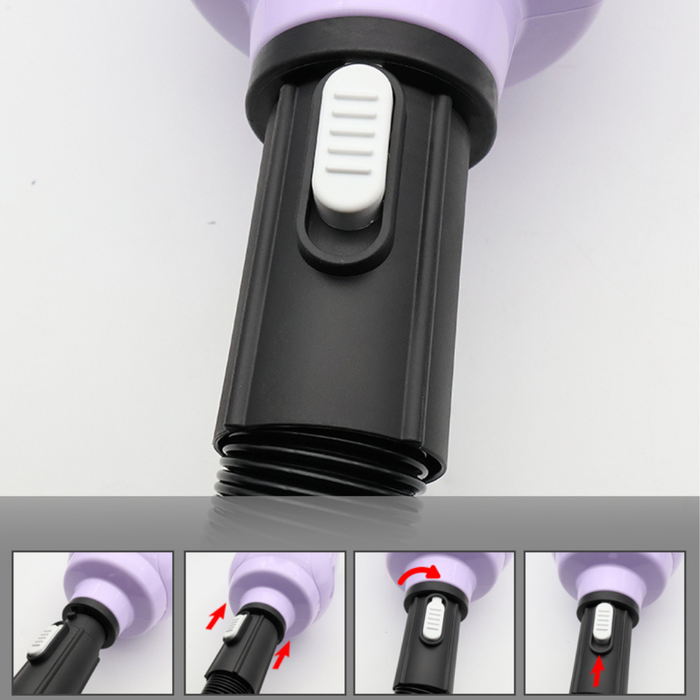 Close-up of a black and light purple plastic adapter or nozzle with a white sliding tab, shown on a white background with four small inset diagrams at the bottom illustrating how it connects.