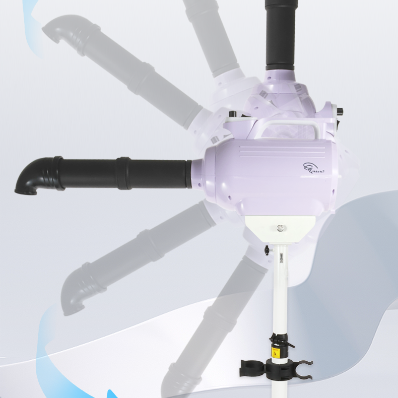 A 6-blade windless fan with a light purple central motor housing, black elbow nozzles, and a white support pole, shown against a light blue and white background with faint motion blur on the blades.
